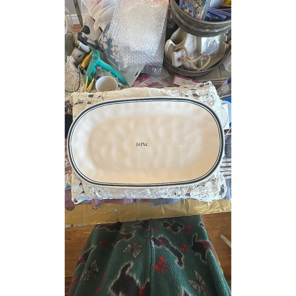 Rae Dunn SERVE platter blue line ceramic